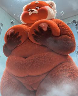 anthro belly big_breasts breasts bubble female fog fur genitals hand_on_breast innie_pussy looking_down low-angle_view multicolored_body nipples overweight overweight_female pussy shower shower_room slightly_chubby solo thick_thighs wet wet_body wet_fur puffy_peter meilin_lee_(turning_red) ailurid mammal red_panda hi_res