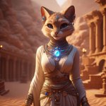 anthro blue_eyes breasts brown_body brown_fur clothed clothing desert female fur jewelry looking_at_viewer outside photorealism robe solo tan_body tan_fur omgechounknown felid feline felis mammal