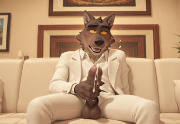 anthro balls big_penis blush bodily_fluids brown_body brown_fur cheek_spikes clothed clothing cum ejaculation erection facial_spikes foreskin fur furniture genital_fluids genitals hand_on_penis humanoid_genitalia humanoid_penis inside living_room looking_pleasured male masturbation on_sofa open_mouth orgasm painting_(object) penis penis_through_fly poking_out sitting sitting_on_sofa sofa solo spikes spikes_(anatomy) spread_legs spreading suit suit_jacket white_clothing yellow_eyes ratori mr._wolf_(the_bad_guys) canid canine canis mammal wolf hi_res