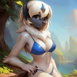 anthro bikini bikini_bottom bikini_top blue_bikini blue_clothing blue_swimwear clothing female fluffy fur looking_at_viewer neck_tuft seductive solo swimwear tuft white_body white_fur trake_legend absol generation_3_pokemon mammal pokemon_(species) absurd_res hi_res