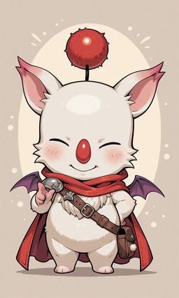 3_toes 4_fingers ambiguous_gender bat_wings big_ears big_nose blush blush_lines cape clothing feet feral fingers fur looking_at_viewer membrane_(anatomy) membranous_wings narrowed_eyes paws pom_poms pouch_(clothing) simple_background smile smiling_at_viewer solo square_enix toes white_body white_fur wings yiff_ai_(director) final_fantasy mammal moogle absurd_res hi_res