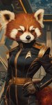 anthro armor belt black_nose brown_eyes clothing female fur gauntlets gloves hand_on_hip handwear red_body red_fur solo solo_focus spacecraft_interior starfleet_uniform uniform whiskers white_body white_fur bahufaru star_trek ailurid mammal red_panda hi_res portrait