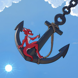 3_toes 4_fingers anchor anthro black_claws blue_sky chain claws cloud digitigrade feet fingers fur holding_object holding_pen looking_down male neutral_expression on_anchor pen red_body red_fur rope simple_background sky solo sun toes tuft white_body white_claws white_fur yellow_eyes adragocult furred_kobold kobold absurd_res hi_res