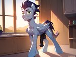 animal_genitalia animal_penis big_penis equine_genitalia equine_penis feral genitals hanging_penis inside kitchen male penis solo standing wings purplesimp soarin_(mlp) wonderbolts_(mlp) equid equine horse mammal my_little_pony pegasus pony hi_res