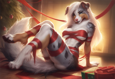 anthro black_body black_fur black_lips blue_eyes breasts brown_body brown_fur christmas_ornaments christmas_tree claws evergreen_tree female floppy_ears fluffy fluffy_tail fur gift grey_body grey_fur hair heterochromia leaning leaning_back lips multicolored_body multicolored_fur orange_eyes pawpads paws pink_nose plant raised_legs ribbons sitting_on_ground smile smiling_at_viewer solo spots spotted_body spotted_fur tree white_body white_fur white_hair polar_(director) australian_shepherd canid canine canis domestic_dog herding_dog mammal pastoral_dog sheepdog