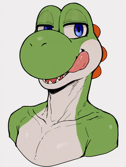 anthro blue_eyes green_body green_scales licking licking_lips looking_at_viewer male scales showing_teeth simple_background solo spikes tongue tongue_out upper_body white_background maxoggami super_mario_bros dinosaur green_yoshi reptile scalie yoshi bust_portrait hi_res portrait