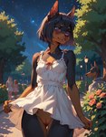 anthro black_hair blush bottomless clothed clothing dress female flower genitals group hair night park plant pony_diffusion_(model) public pussy short_hair solo_focus cattorihanzo canid canine canis dobermann domestic_dog mammal pinscher