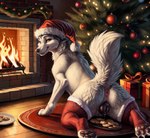 anatomically_correct anatomically_correct_genitalia animal_genitalia animal_pussy anus bodily_fluids butt canid canine canine_genitalia canine_pussy canis christmas_clothing christmas_headwear christmas_tree clothing cookie detailed detailed_background detailed_fur director_firewolf female feral fire fireplace food furryrock_(model) genital_fluids genitals gift hat headgear headwear hi_res inside laying legwear looking_at_viewer looking_back looking_back_at_viewer lying mammal on_front pawpads paws plant plate presenting presenting_hindquarters pussy pussy_juice santa_hat seductive solo stockings tree wolf