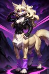 2023 2:3 5_fingers artfulasylum belt black_claws black_finger_claws black_toe_claws blonde_hair blue_eyes bottomless bottomless_female bottomless_taur breasts canid canid_taur canine canine_taur chest_tuft claws cleavage clothed clothing collar countershading detailed_background digitigrade dipstick_tail eyebrows eyelashes female female_taur finger_claws fingerless_gloves fingers fluffy fluffy_tail fox fox_taur fur gloves hair hand_on_hip handwear hi_res inner_ear_fluff jacket leather leather_clothing leather_jacket leather_topwear leg_warmers legwear looking_at_viewer makeup mammal mammal_taur markings multicolored_body multicolored_fur outside pink_nose quadruped roxxy_(roxxy_n_roll) seductive solo spiked_belt spiked_collar spikes standing tail_markings tan_body tan_fur taur toe_claws topwear tuft two_tone_body two_tone_fur zipper