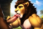 anthro balls bmrwcl bodily_fluids cum cum_drip cum_in_mouth cum_inside dripping duo ejaculation erection felid fellatio genital_fluids genitals hand_on_penis lion looking_pleasured looking_up male male/male mammal muscular muscular_anthro muscular_male nipples open_mouth oral outdoors outside pantherine pecs penile penis plant sex tree