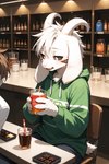 3_fingers bottle clothing container counter cup fingers floppy_ears food fur glass glass_container glass_cup hair holding_glass holding_object hoodie horn male open_mouth scut_tail shelf short_tail sitting solo straw three-quarter_view topwear tray undertale undertale_(series) white_body white_eyes white_fur white_hair white_horn asriellover asriel_dreemurr asriel_dreemurr_(god_form) bovid caprine goat mammal detailed hi_res watermark