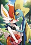 anthro big_breasts blush bouquet breasts duo female flower flower_bouquet forest forest_background fur interspecies long_tail male male/female mooning nature nature_background plant romantic romantic_ambiance rose_(flower) smile tree white_body white_fur anguirus12345 nintendo pokemon cinderace generation_8_pokemon inteleon pokemon_(species) hi_res