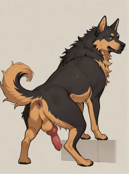 animal_genitalia animal_penis anus balls black_body black_fur brown_body brown_fur butt canine_genitalia canine_penis erection feral fur genitals looking_at_viewer male penis presenting presenting_anus presenting_balls presenting_hindquarters presenting_penis solo canid canine mammal hi_res