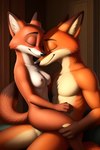 anthro black_nose breasts canid canine closed_smile duo eyes_closed eyewear female fluffy fluffy_tail fox fur glasses hi_res holding_leg male male/female mammal nick_wilde red_body red_fur romantic romantic_couple small_breasts square_crossover stable_diffusion zootopia