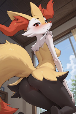 anthro breasts female genitals inside kneeling looking_at_viewer nipples pussy red_eyes solo kureoai nintendo pokemon braixen canid canine fox generation_6_pokemon mammal pokemon_(species) hi_res