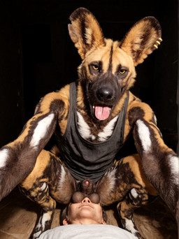 animal_genitalia anthro balls balls_on_face bottomless brown_body brown_fur clothed clothing crouching dark_background detailed_fur digitigrade duo ear_piercing facesitting fur genitals lipsticking looking_at_viewer lying_on_ground male male/male multicolored_body multicolored_fur notched_ear photorealism piercing realistic realistic_fur realistic_lighting selfie sheath shirt smile smiling_at_viewer tan_body tan_fur tank_top teeth these_aren't_my_glasses topwear white_body white_fur yellow_eyes delken african_wild_dog canid canine human mammal detailed hi_res meme