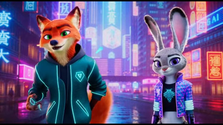 anthro city city_background content cyberpunk dialogue duo female looking_at_viewer male male/female neon talking_to_viewer wholesome_content shut_up_and_watch disney zootopia judy_hopps nick_wilde canid canine fox lagomorph leporid mammal rabbit animated hi_res short_playtime webm