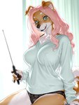 anthro big_breasts body_hair breasts chest_hair chest_tuft claws clothing erect_nipples eyewear female glasses green_eyes hair light long_hair looking_at_viewer nipple_outline nipples panties pink_hair sitting smile solo sunlight tongue tuft underwear homer_26 canid canine canis domestic_dog humanoid mammal hi_res