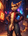 abs anthro balls fur genitals green_eyes hands_on_hips hi_res lombax looking_away male mammal muscular muscular_male night open_mouth orange_body orange_fur outside penis ratchet ratchet_and_clank smile solo street styx343 uncensored vein veiny_penis