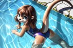 anthro blue_eyes brown_hair clothing cub female hair hi_res looking_at_viewer lutrine mammal mustelid one-piece_swimsuit raised_tail samantha_(disambiguation) solo swimming swimming_pool swimwear venisoncreampie water young