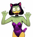 accessory anthro bags_under_eyes beak black_hair bow_tie breasts bunny_costume cat_tail cleavage clothed clothing costume disney ducktales ducktales_(2017) eyebrows eyeliner fake_cat_ears fake_ears feathers female green_body green_feathers green_skin hair hair_accessory hairband highlights_(coloring) looking_at_viewer makeup open_mouth orange_legs paw_pose pose raised_eyebrows short_hair simple_background solo surprise tongue white_background wide_eyed yellow_eyes cloud9999 magica_de_spell anatid anseriform avian bird duck hi_res portrait three-quarter_portrait