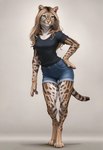 anthro black_hair blue_eyes bottomwear clothed clothing denim denim_clothing digitigrade female fur hair hand_on_hip jeans long_hair multicolored_body multicolored_fur pants shirt shorts simple_background solo spots standing topwear director_crashbandit felid feline leopardus mammal ocelot hi_res novelai