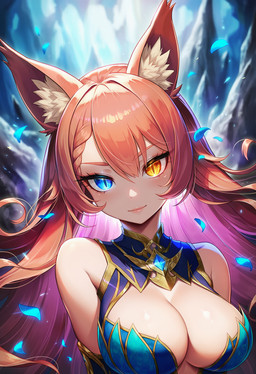animal_ears armor big_breasts blue_clothing blue_eyes bodice braided_hair breasts brooch cleavage cleavage_cutout clothed clothing dress fantasy_clothes fantasy_outfit female floating_petals flower_petals gem glowing glowing_eyes glowing_gem glowing_jewel gold_trim gradient_hair hair hair_between_eyes hair_over_shoulder heterochromia jewelry large_breasts long_hair mountain multicolored_eyes multicolored_hair necklace orange_eyes orange_hair ornate_clothing outside petals pink_hair shoulder_cutout sleeveless sleeveless_dress smile smirk solo two_tone_hair water waterfall nullspark animal_humanoid humanoid mammal hi_res