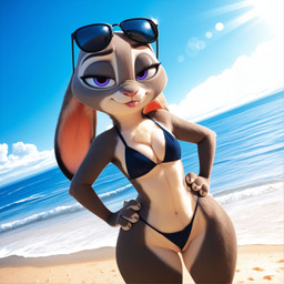 4_fingers beach bedroom_eyes bikini black_bikini black_clothing black_swimwear blep breasts camel_toe chest_tuft claws cleavage clothed clothing cloud countershade_torso countershading curvy_figure day detailed_background dipstick_ears disney ear_markings ears_down eyebrows eyelashes eyewear eyewear_on_head facial_markings female fingers front_view fur genitals glistening grey_body grey_fur half-closed_eyes hand_on_hip head_markings hourglass_figure huge_hips lens_flare light light_beam long_ears looking_at_viewer markings midriff multicolored_body multicolored_ears multicolored_fur narrowed_eyes navel outside pink_nose pivoted_ears pose purple_eyes pussy pussy_floss sand sea seaside seductive skimpy sky small_breasts small_waist smile solo standing sun sunbeam sunglasses sunglasses_on_head sunlight swimwear thick_thighs thigh_gap tongue tongue_out tuft two_tone_body two_tone_fur water white_body white_fur wide_hips unknown_director zootopia judy_hopps lagomorph leporid mammal rabbit 1:1 hi_res portrait three-quarter_portrait