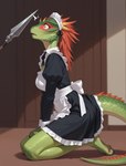 anthro biped claws clothing feet female horn inside kneeling maid_headdress maid_uniform melee_weapon open_mouth polearm scales shocked solo spear spiked_tail spikes spikes_(anatomy) toe_claws uniform weapon tamrad lifts-her-tail argonian scalie hi_res