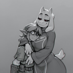 anthro clothing crossover duo female floppy_ears horn humanoid_pointy_ears large_breasts larger_anthro larger_female looking_at_viewer male male/female narrowed_eyes robe simple_background size_difference smaller_humanoid smaller_male smile anonymous_director nintendo the_legend_of_zelda undertale_(series) link toriel bovid caprine goat humanoid hylian mammal hi_res
