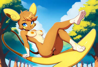 anthro breasts butt female genitals hair levitation long_tail medium_breasts on_tail park pussy smile solo gobabsnow nintendo pokemon alolan_form alolan_raichu pokemon_(species) regional_form_(pokemon) absurd_res hi_res novelai