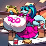 anthro beverage big_breasts blue_hair bottomwear breasts clothing eating equestria_girls female food friendship_is_magic gem hair hasbro huge_breasts huge_hips huge_thighs hyper hyper_breasts inside jacket jewelry looking_at_viewer multicolored_hair nipples non-mammal_breasts non-mammal_nipples one_fang pink_bottomwear pink_clothing pink_jacket pink_skirt pink_topwear purple_eyes restaurant skirt smile soda solo taco thick_thighs topwear two_tone_hair dakka sonata_dusk_(eg) fish marine my_little_pony scalie shark siren absurd_res hi_res