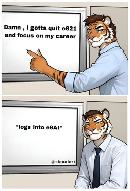 andromorph anthro blue_necktie border brown_hair claw_nails clawed_hands claws clothed clothing fur gesture golden_eyes hair intersex looking_at_viewer male markings necktie office office_clothing orange_body orange_fur pink_nose pockets pointing shirt sitting solo striped_body striped_markings stripes text topwear whiskers white_border white_clothing white_shirt white_topwear yellow_eyes vianaiart meme_2026 bengal_tiger felid humanoid mammal pantherine tiger absurd_res hi_res meme