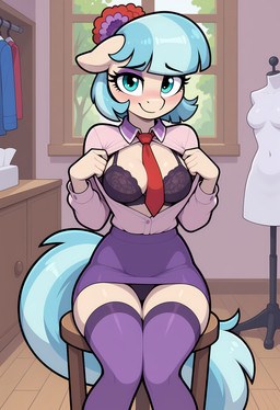 accessory anthro blue_eyes blue_hair blush chair clothed clothing eyelashes female flower flower_in_hair fur furniture hair hair_accessory inside lace lace_bra leaf legwear mannequin necktie nervous_smile on_chair open_clothing open_shirt open_topwear plant purple_clothing shirt sitting sitting_on_chair solo stockings tail tan_body tan_fur topwear window wood_floor thefuncave friendship_is_magic my_little_pony coco_pommel_(mlp) equid equine horse mammal pony hi_res