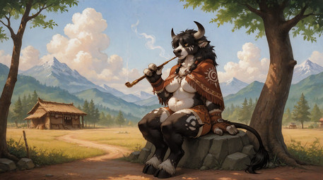 2_fingers anthro bangs big_breasts black_body black_fur blizzard_entertainment bovid_horn bovine_horn breasts day digitigrade female fingers fur hair hair_over_eyes hooved_feet horn inner_ear_fluff markings mountains multicolored_body multicolored_fur overweight plant sitting_on_rock slightly_chubby smoking smoking_pipe solo tail_tuft thick_thighs tree tribal tribal_clothing tribal_markings tuft two_tone_body two_tone_fur yellow_eyes slingsting warcraft bovid bovine mammal tauren hi_res