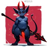 2_horns balls belly black_sclera blue_body bodily_fluids claws digitigrade genitals horn humanoid_genitalia humanoid_penis humanoid_pointy_ears looking_at_viewer male melee_weapon musk musk_clouds navel nipples nude penis polearm red_eyes red_penis simple_background slightly_chubby smelly smile solo spade_tail spear standing sweat tail text vein veiny_penis weapon sergalbutt demon humanoid imp signature url