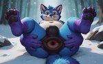 anthro anus balls belly big_anus black_anus black_balls black_pawpads blue_body blue_eyes blue_fur blue_hair butt dipstick_tail equine_anus fox_tail fur gaping gaping_anus genitals hair hand_on_butt legs_up looking_at_viewer lying male markings on_back pawpads paws plant puffy_anus purple_body purple_ears purple_fur rock slightly_chubby smile snow solo spread_butt spreading tail_markings tree white_belly swix swix_(character) canid canine fox mammal hi_res