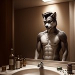 abs alcohol angry anthro bathroom beverage black_hair black_nose bottle brown_eyes clothed clothing container cup drinking_glass drugs faucet front_view frown fur glass glass_container glass_cup grey_body grey_fur hair inner_ear_fluff looking_at_mirror looking_at_object looking_at_self male marble mirror money muscular navel nipples nude open_mouth pecs pills short_hair sink snarling solo standing teeth topless tuft white_body white_fur argon-42 canid canine canis mammal wolf detailed half-length_portrait hi_res portrait