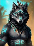 anthro canid canine canis dark_body dark_fur feathers fur grey_eyes jewelry looking_at_viewer male mammal markings muscular muscular_anthro muscular_male neck_tuft necklace painting_(artwork) portrait solo traditional_media_(artwork) tribal tribal_markings tuft wolf wolfik