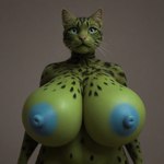 anthro big_breasts blue_eyes blue_nipples breasts female fur green_body green_fur grey_background huge_breasts inner_ear_fluff multicolored_body multicolored_fur navel nipples pink_nose simple_background solo spots standing tuft whiskers white_inner_ear_fluff cow_of_fire domestic_cat felid feline felis mammal 1:1 shaded