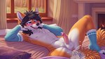 anthro armwear ascar_the_maned_fox_(character) balls bed bedroom black_hair blue_eyes blush bodily_fluids canid canine clothing cum cum_from_ass cum_in_ass cum_inside cum_on_bed elbow_gloves footwear fox furniture genital_fluids genitals gloves hair handwear hi_res male mammal maned_wolf penis pinasheep69 socks solo spread_legs spreading