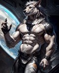 abs anthro areola auykac brown_eyes bulge canid canine fur grey_body grey_fur hair hi_res male mammal mane muscular muscular_male nipples pecs scared silver_hair solo spacecraft_interior