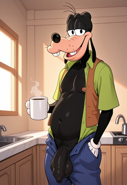 anthro balls belly beverage big_balls big_penis black_nose bottomwear clothed clothing coffee coffee_cup coffee_mug container cup flaccid foreskin foreskin_overhang genitals gloves hair half-closed_eyes hand_in_pocket handwear holding_cup holding_object humanoid_genitalia humanoid_penis kitchen long_foreskin looking_at_viewer male narrowed_eyes navel nipples open_mouth pants penis pockets saggy_balls shirt slightly_chubby smile solo standing teeth tight_foreskin tongue topwear unbuttoned unbuttoned_pants unbuttoned_shirt unretracted_foreskin vein veiny_penis window boxen549 disney goof_troop goofy_(disney) canid canine canis domestic_dog mammal hi_res