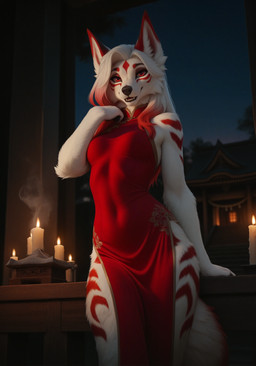 anthro arched_back asian_clothing big_ears breasts candle chinese_clothing chinese_dress clothing curtained_hair dress east_asian_clothing evening female floral_print fluffy fur gradient_hair hair hand_in_hair long_hair looking_at_viewer low-angle_view markings open_mouth red_clothing red_dress red_eyes seductive shrine sidelocks slight_smile small_breasts smoke solo striped_markings stripes tail temple tight_clothing touching_hair white_body white_fur white_hair phasedb canid canine fox mammal absurd_res hi_res