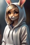 anthro blonde_hair brown_eyes clothing female fur hair hoodie pink_nose smile solo tan_body tan_fur topwear mindry shori_(mindry) lagomorph leporid mammal rabbit