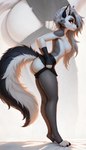 anthro arched_back bottomwear breasts butt claws clothed clothing clothing_pull female fingerless_gloves fishnet fishnet_legwear from_side fur gloves grey_body grey_fur hair handwear legwear long_hair looking_away medium_breasts mouth_closed nipples notched_ear pinup pose red_sclera silver_hair skirt solo standing thigh_highs toeless_legwear topless topless_anthro topless_female white_body white_eyes white_fur ayo_keito helluva_boss loona_(helluva_boss) canid canid_demon demon hellhound mammal absurd_res hi_res