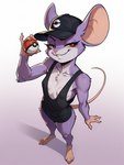 4_fingers anthro baggy_clothing bottomless breasts chest_tuft clothed clothing female fingers fur gradient_background hat headgear headwear high-angle_view holding_object pokeball purple_body purple_fur red_eyes shirt simple_background small_breasts smug solo standing tank_top topwear tuft wheel_of_fortune generation_1_pokemon pokemon_(species) rattata hi_res