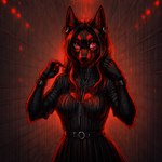 anthro belt black_body breasts canid canine canis ear_piercing ear_ring female fur gothic looking_at_viewer mammal piercing red_body red_eyes red_fur ring_piercing solo wolf zoe_(nnecgrau)