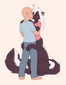 <3 black_body black_fur blue_clothing blush bottomless bottomless_female bottomless_taur bottomwear clothed clothing duo embrace eyes_closed feet female female_on_human fingers fur hair hug interspecies kissing male male/female pants quadruped romantic shirt simple_background sitting_on_ground smile standing tail topwear white_body white_fur white_hair verbotenvertex anon human mammal mammal_taur mephitid skunk taur absurd_res hi_res