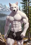 absurd_res anthro areola bottomwear bulge bumblebee95 canid canine canis clothed clothing detailed_background hi_res looking_at_viewer male mammal muscular nipples realistic shorts solo topless walking wolf